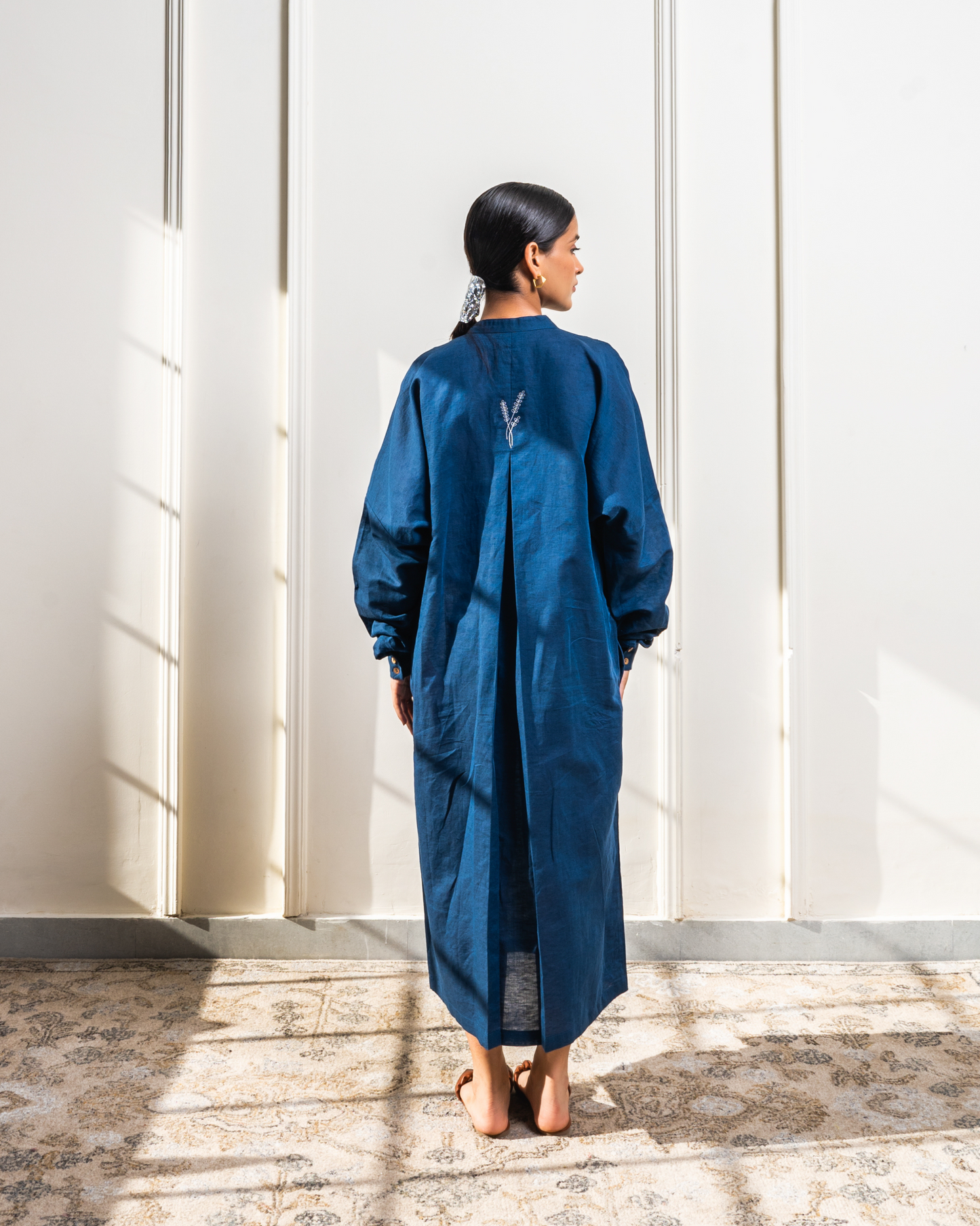 Navy Pleated Pampas Linen Dress