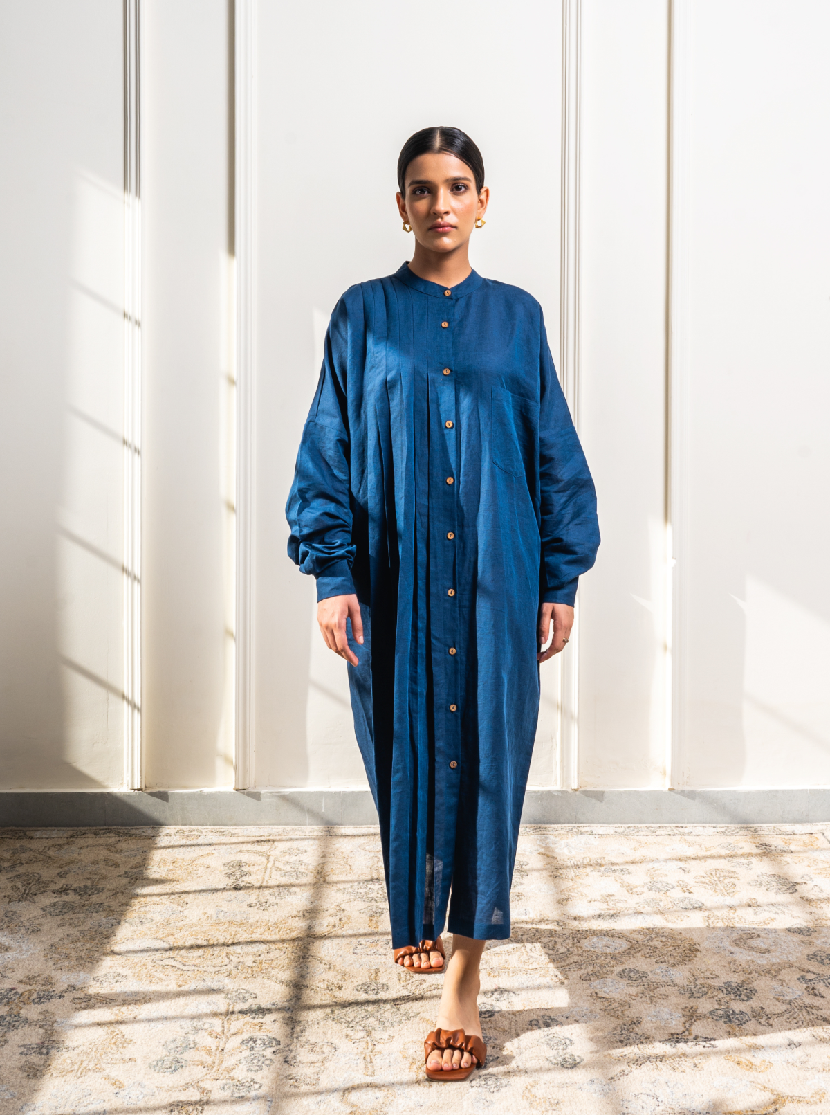 Navy Pleated Pampas Linen Dress