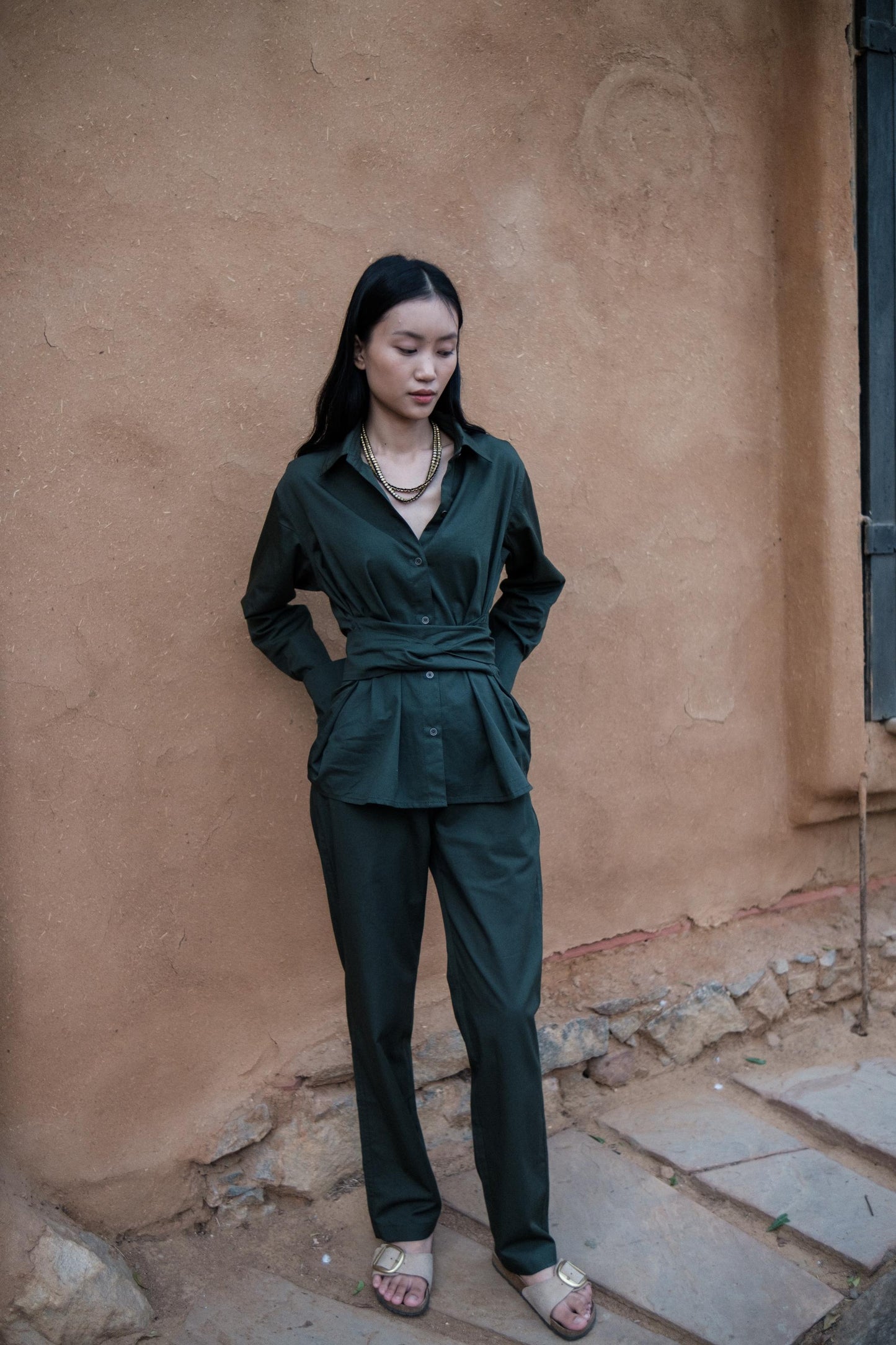 Nara Front knot Shirt Forest Green