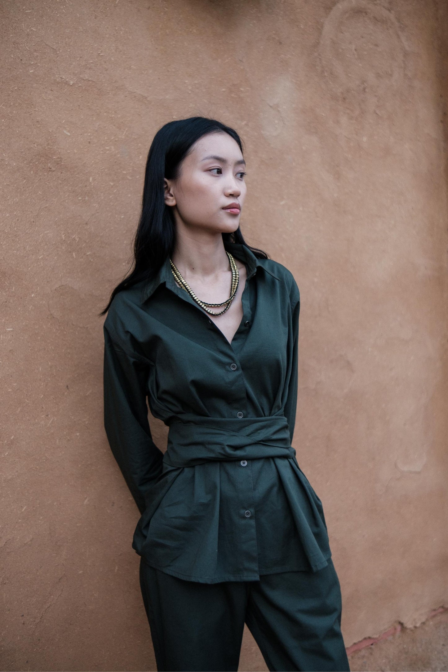 Nara Front knot Shirt Forest Green