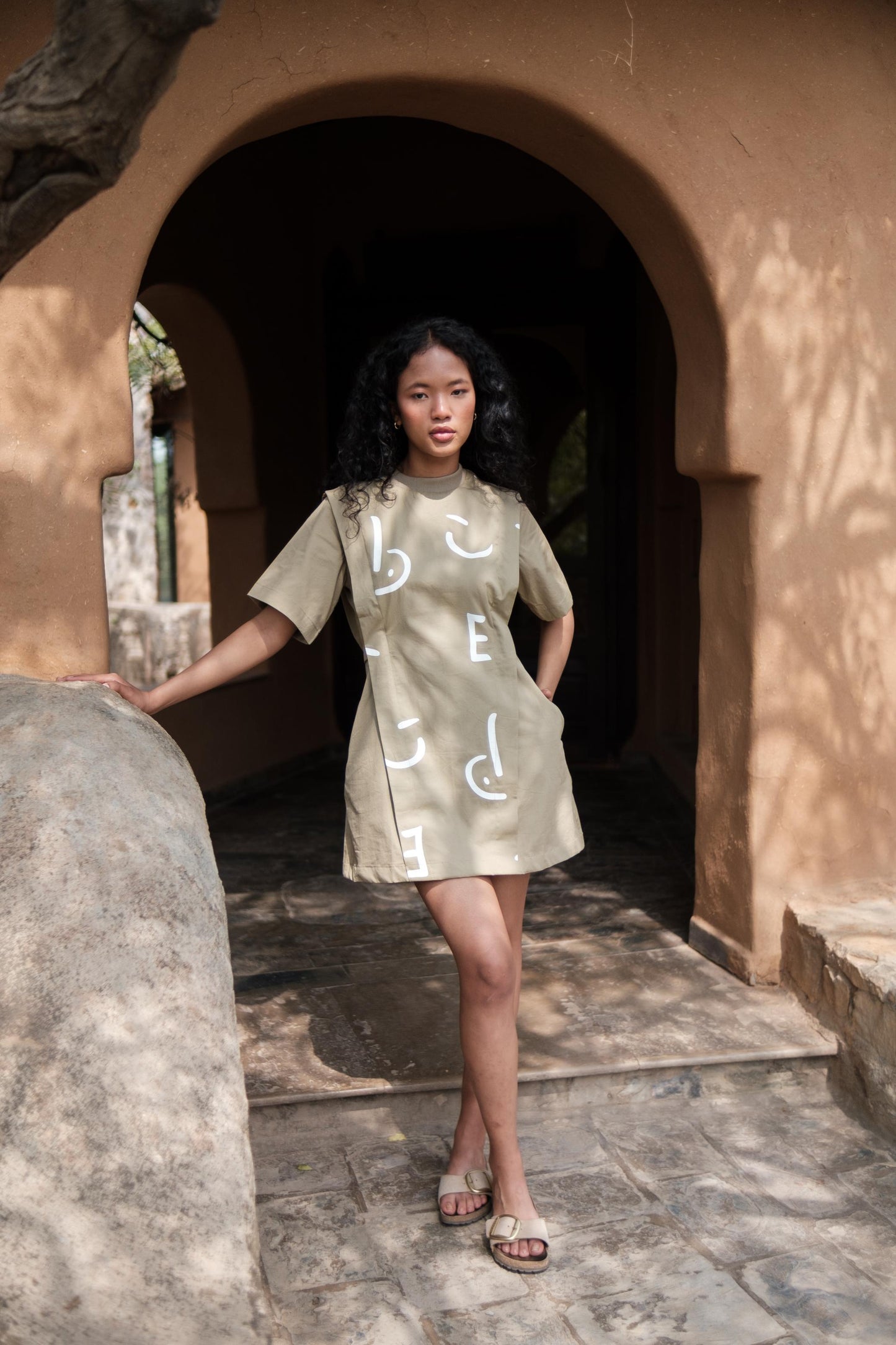 Rory Rib Dress Khaki Line Print