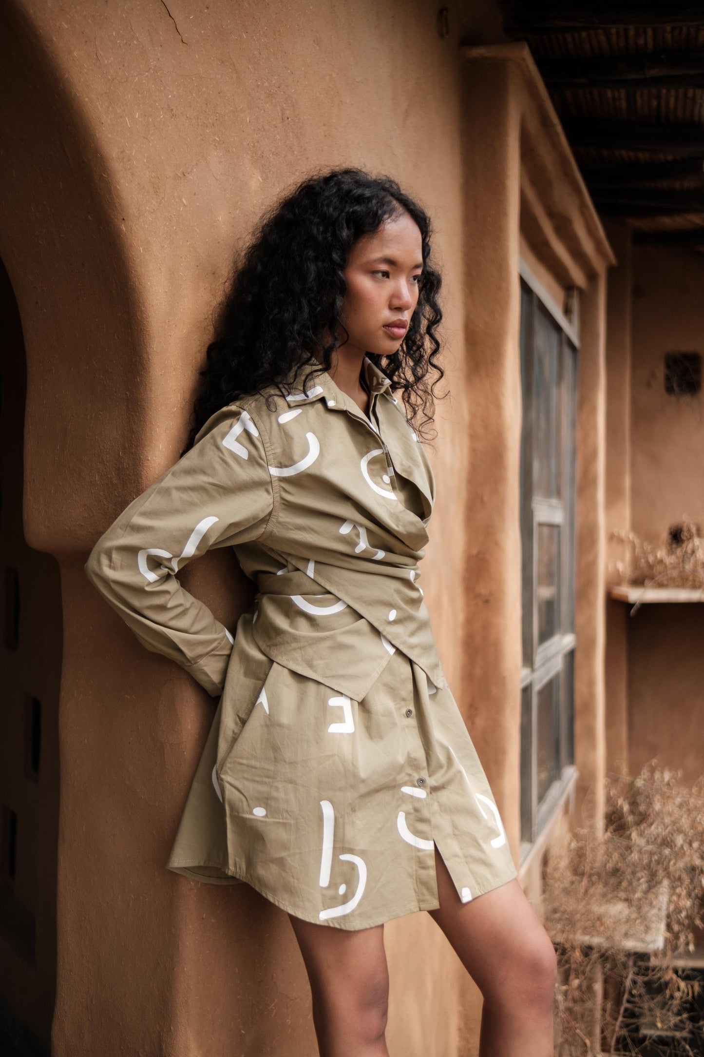 Seattle Wrap Shirt Dress Khaki Line Printed