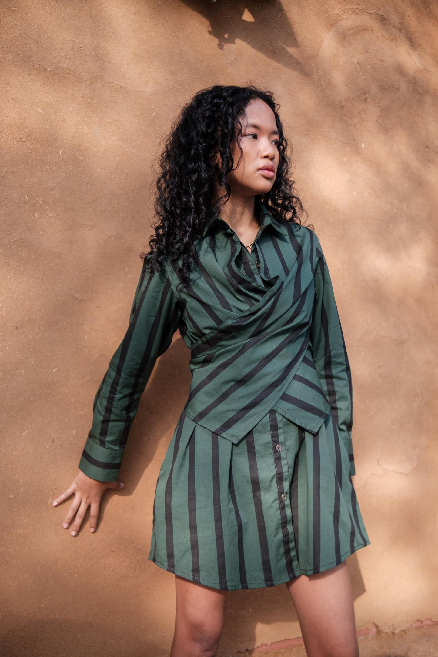 Seattle Wrap Shirt Dress Green Stripes