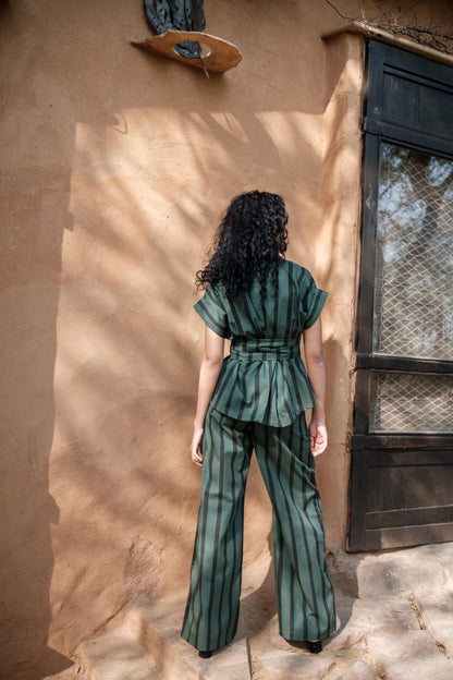 Berlin Shawl Collar Top Green Stripes