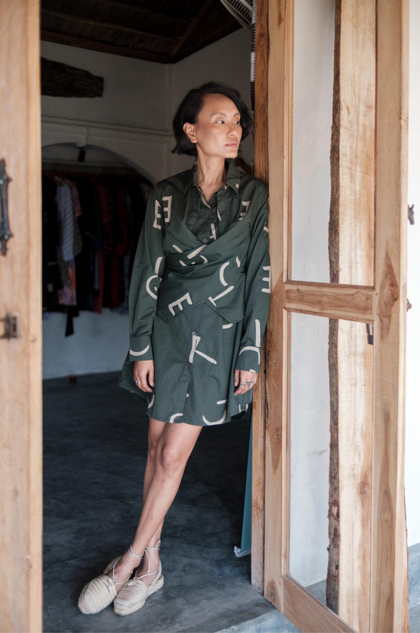 Seattle Wrap Shirt Dress Green Line Printed