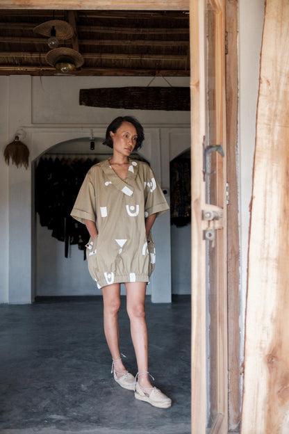 Sydney Shift Dress Khaki Triangle Print