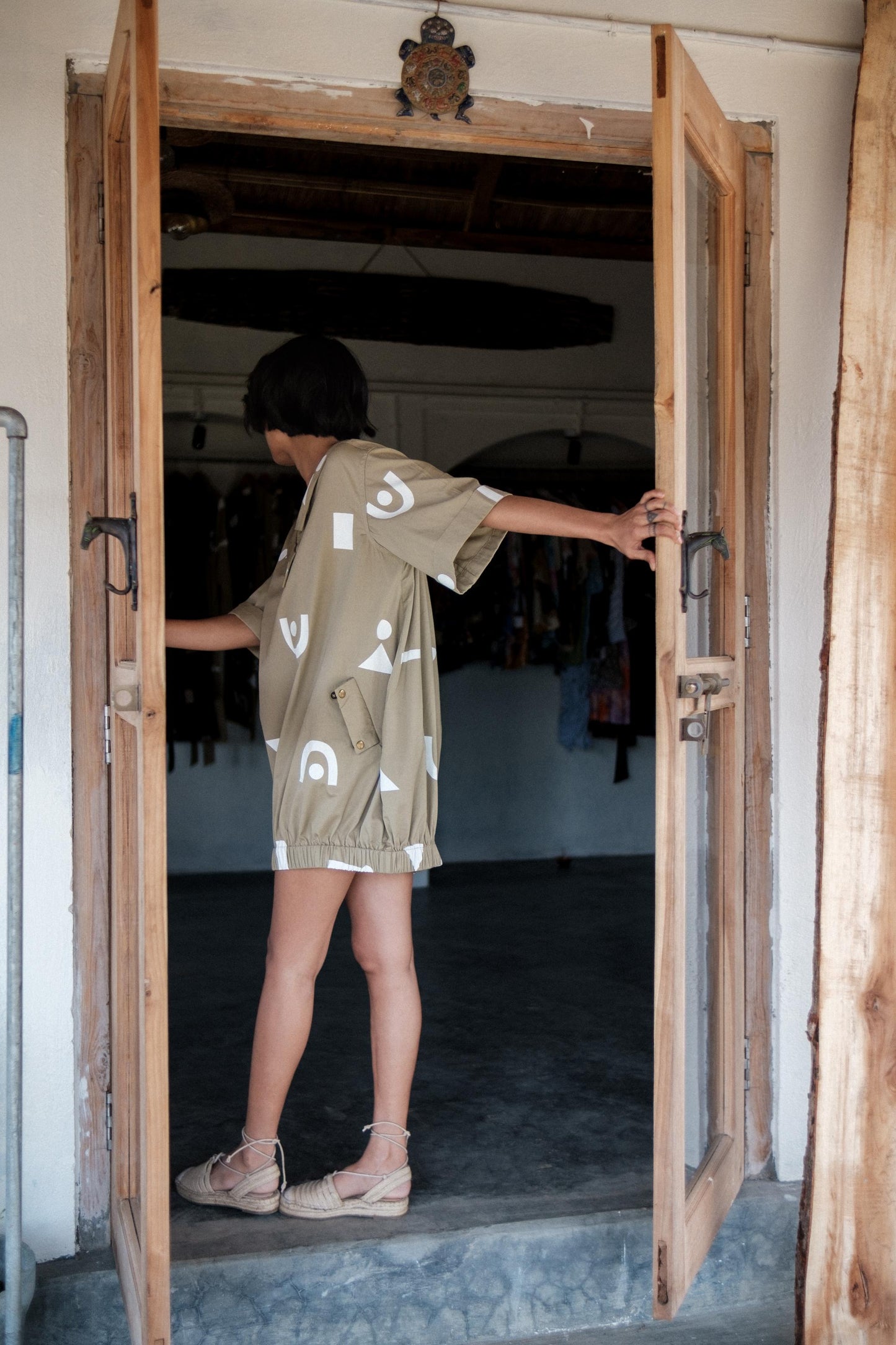 Sydney Shift Dress Khaki Triangle Print