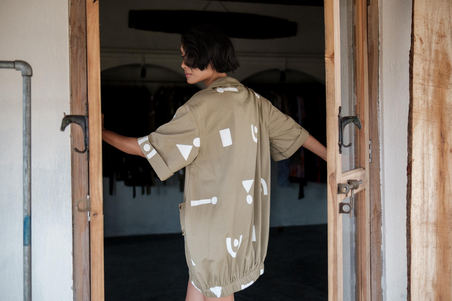 Sydney Shift Dress Khaki Triangle Print