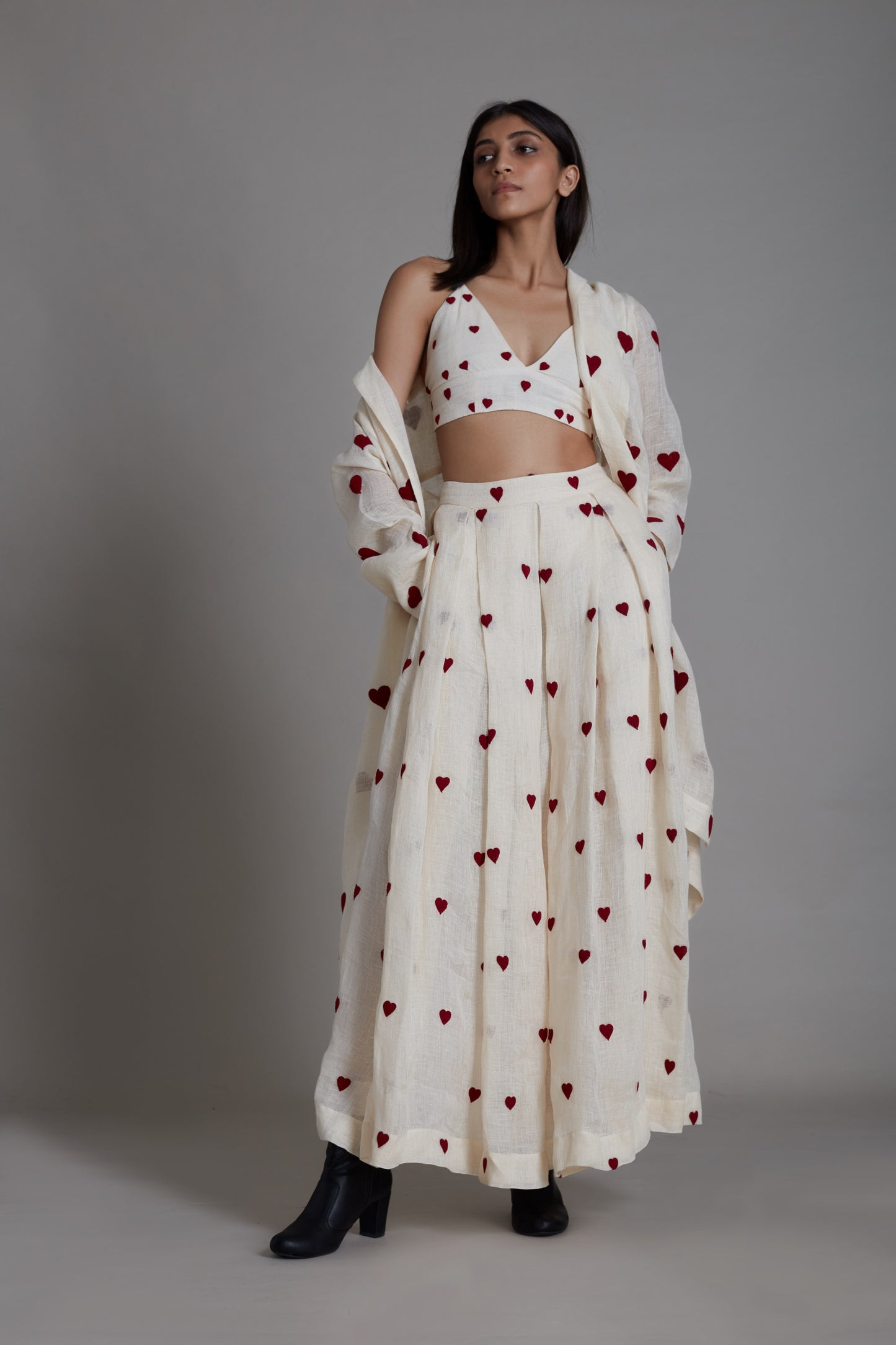 Heart Lehenga Set-Oatmeal