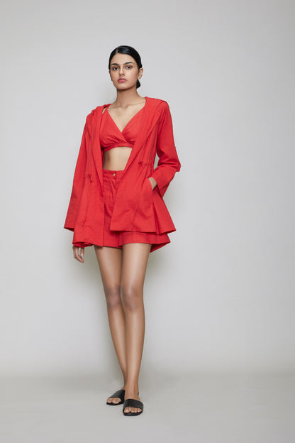 Mati Hooded Jacket & Shorts 3 PCS Set - Red