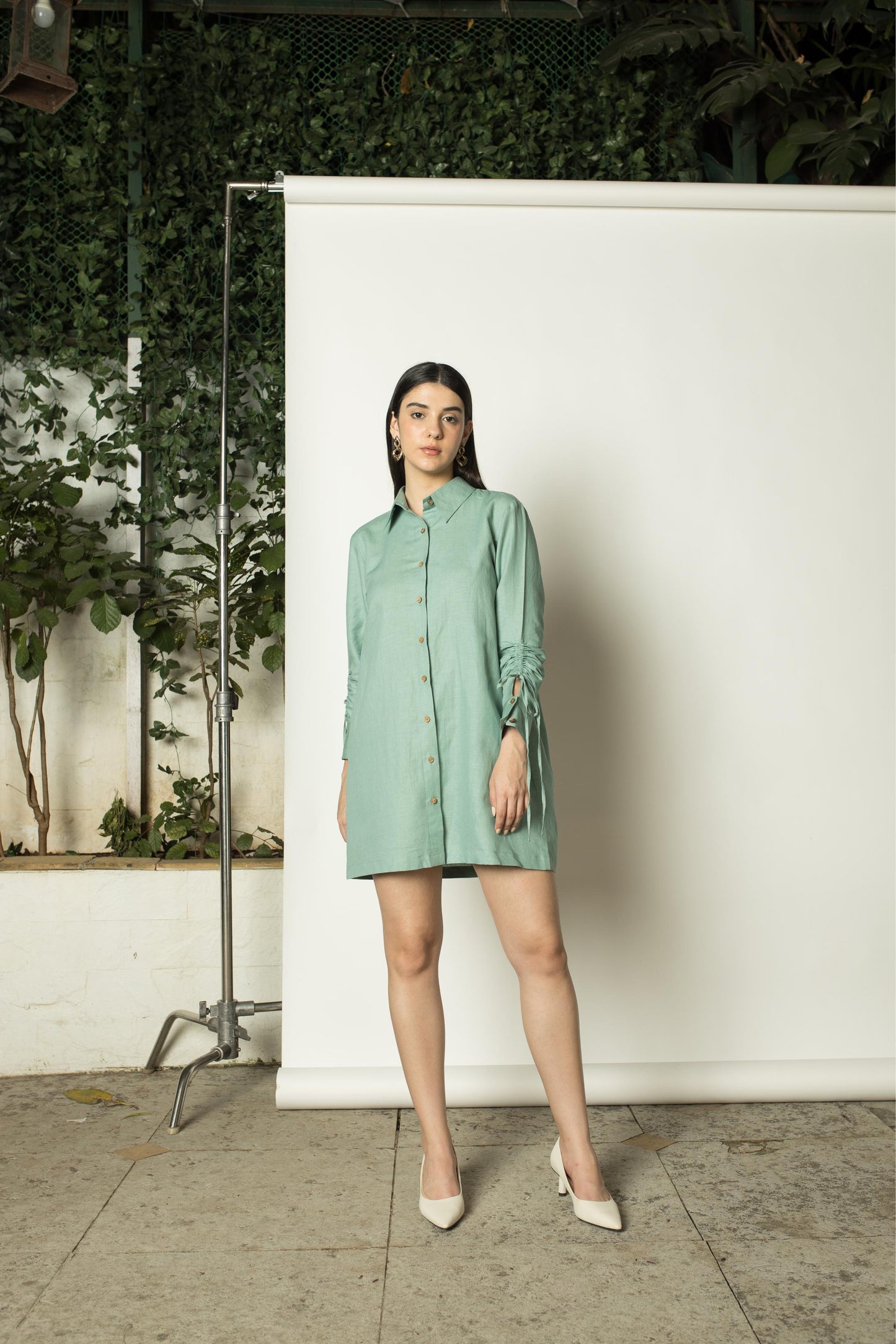 Ruched Sleeves Shirt Dress