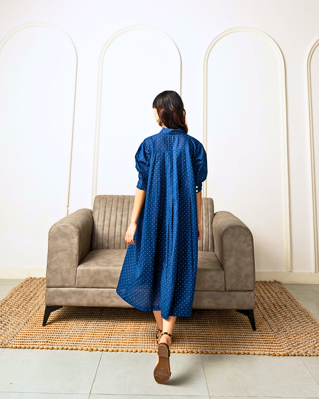 Nagare Navy Pleated Linen Dress