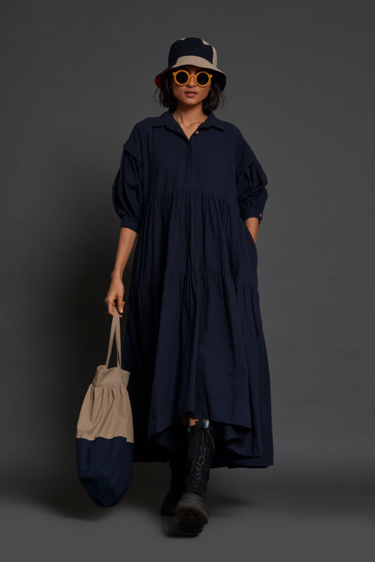 Navy Blue Tiered Shirt Dress