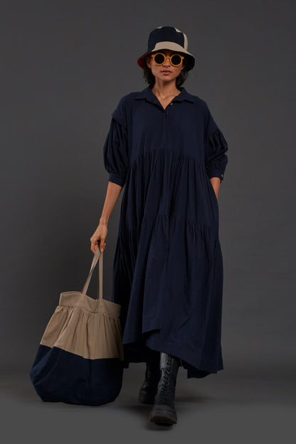 Navy Blue Tiered Shirt Dress