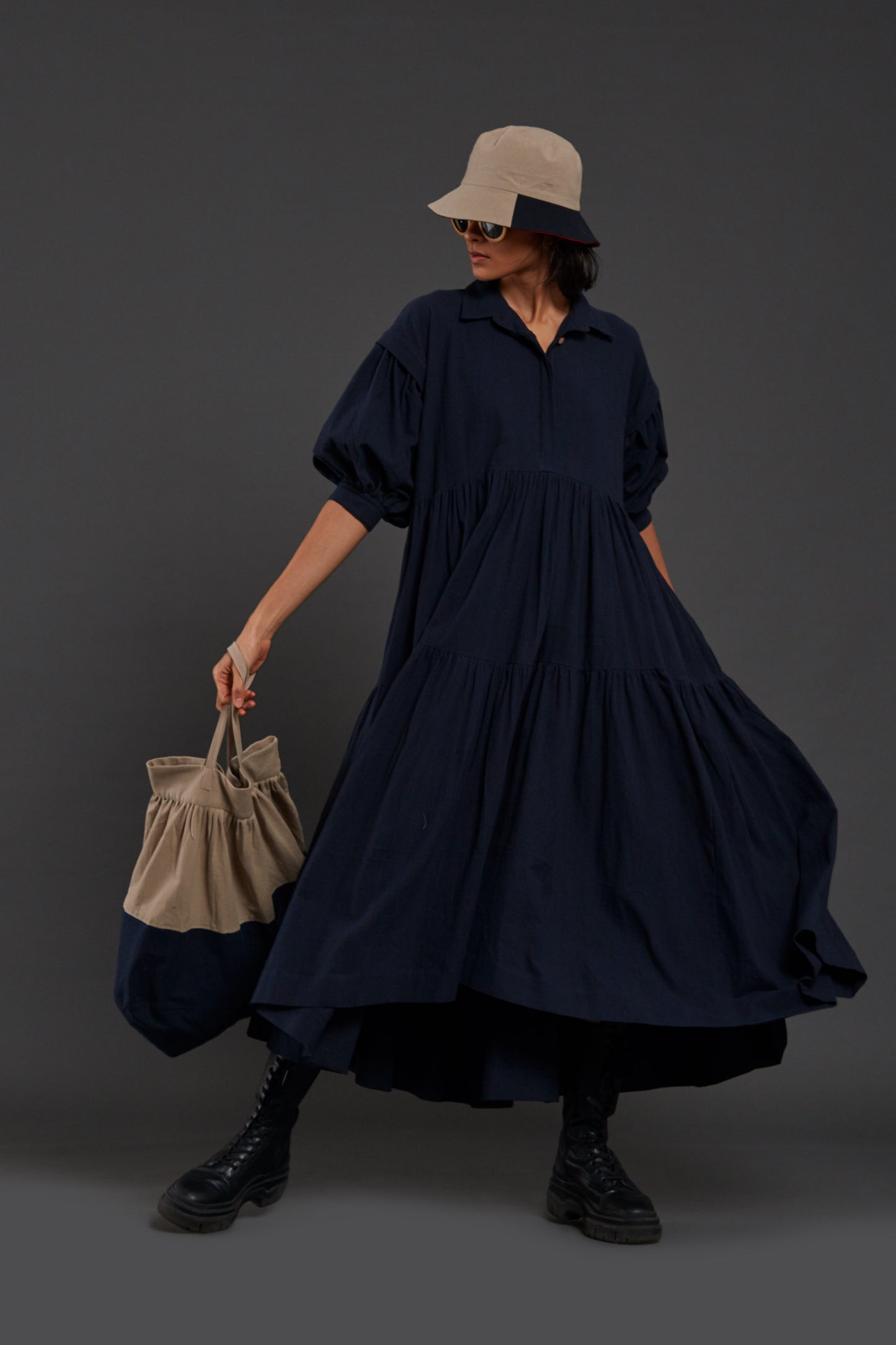 Navy Blue Tiered Shirt Dress