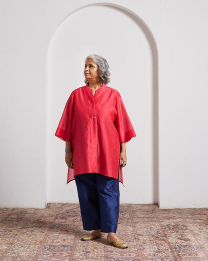 Watermelon Red Striped Chanderi Anti-Fit Top with Handwork