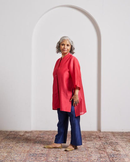 Watermelon Red Striped Chanderi Anti-Fit Top with Handwork