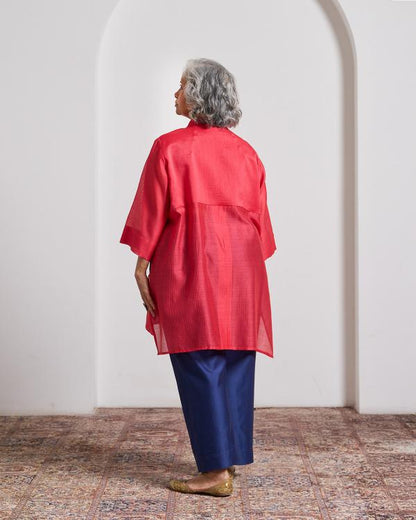 Watermelon Red Striped Chanderi Anti-Fit Top with Handwork