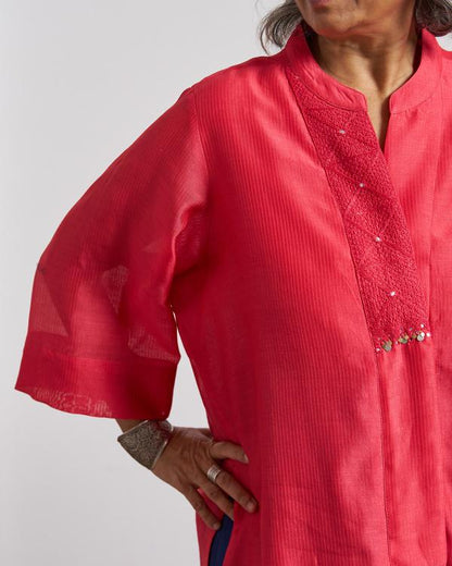 Watermelon Red Striped Chanderi Anti-Fit Top with Handwork