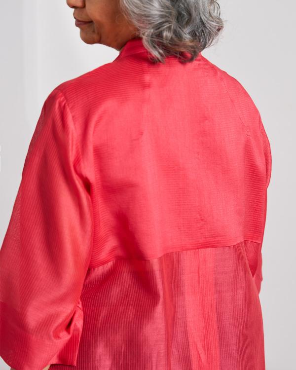 Watermelon Red Striped Chanderi Anti-Fit Top with Handwork