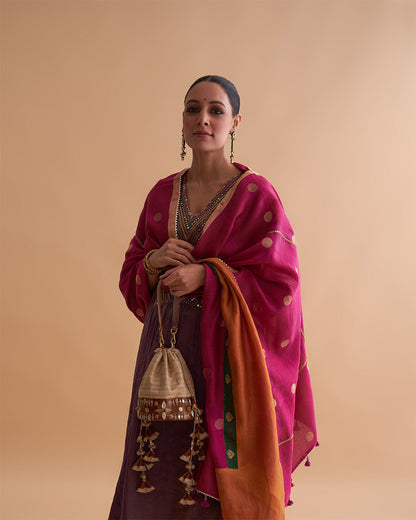 Deep Purple Silk Tissue Chanderi Ensemble with Handwork & Odhani