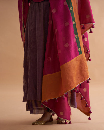 Deep Purple Silk Tissue Chanderi Ensemble with Handwork & Odhani