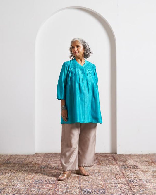 Ferozi Blue Silk Chanderi Top