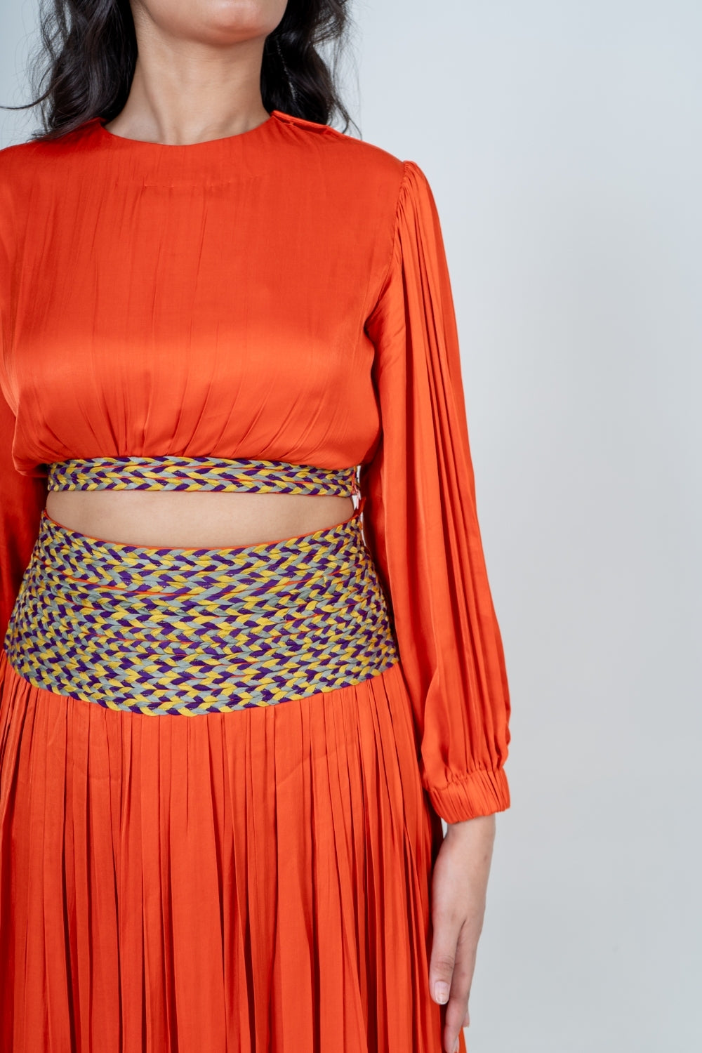 Orange Skirt Set with Color-Blocked Braids