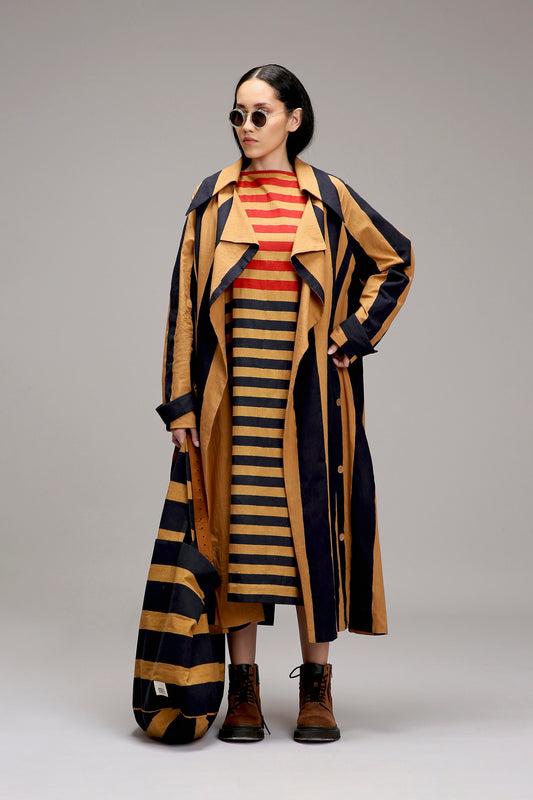 Tan-Brown Big Striped Trench Jacket