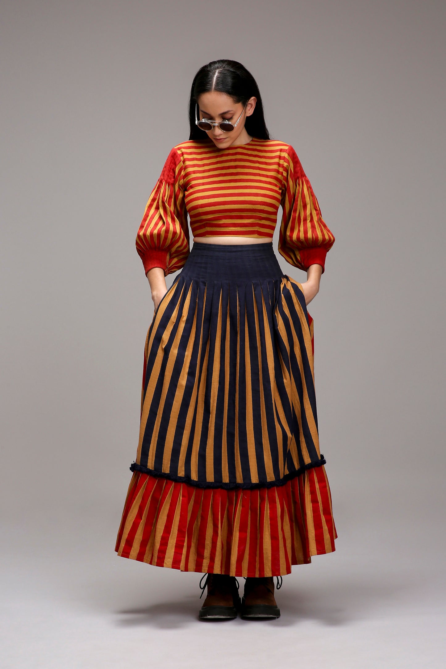 Tan-Brown Blue Red Dual Striped Skirt