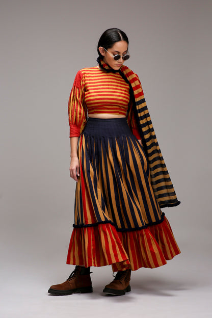 Tan-Brown Blue Red Dual Striped Skirt
