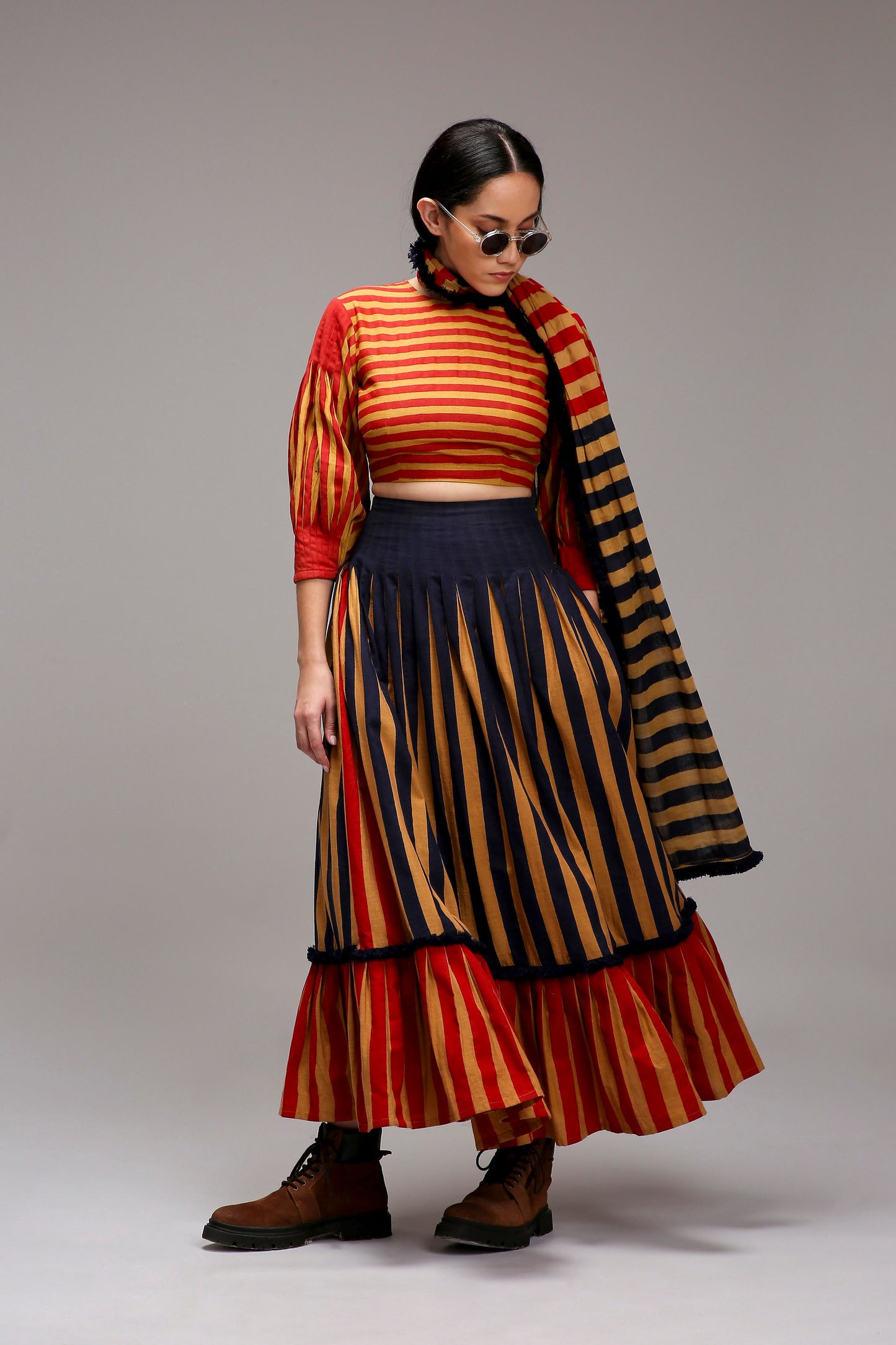Tan-Brown Crop Top Dual Striped Stole Skirt Set (3 PCS)