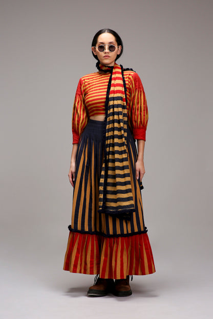 Tan-Brown Blue Red Dual Striped Skirt