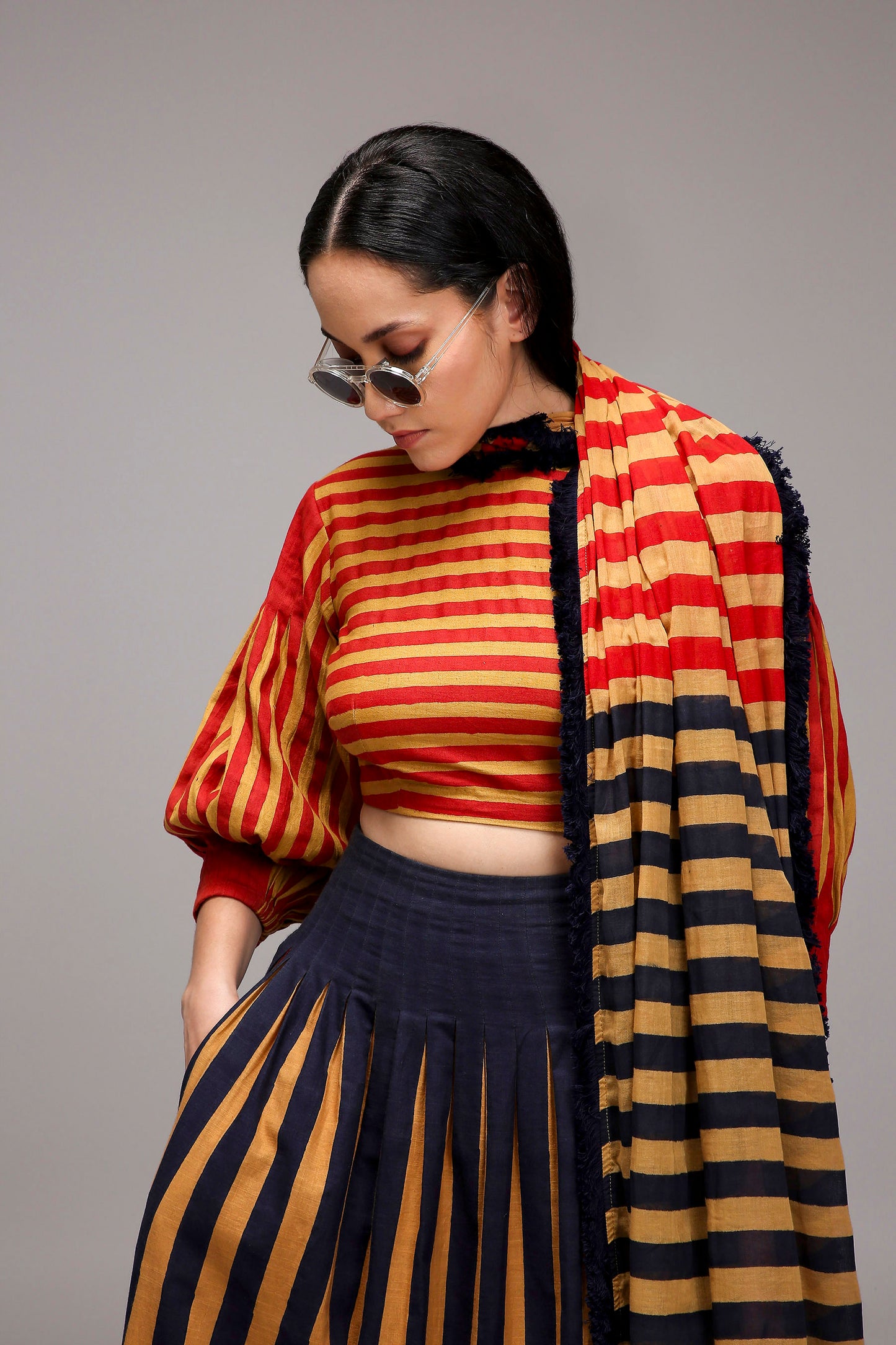 Tan-Brown Crop Top Dual Striped Stole Skirt Set (3 PCS)