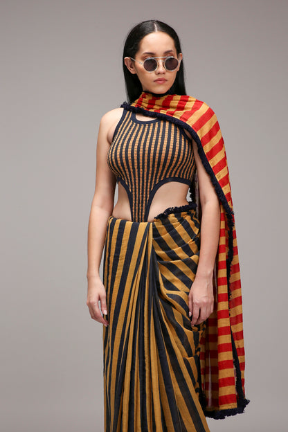 Tan-Brown Bodysuit & Dual Striped Saree Set (2 PCS)