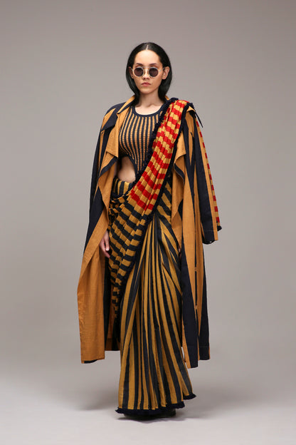 Tan-Brown Blue Red Dual Striped Saree