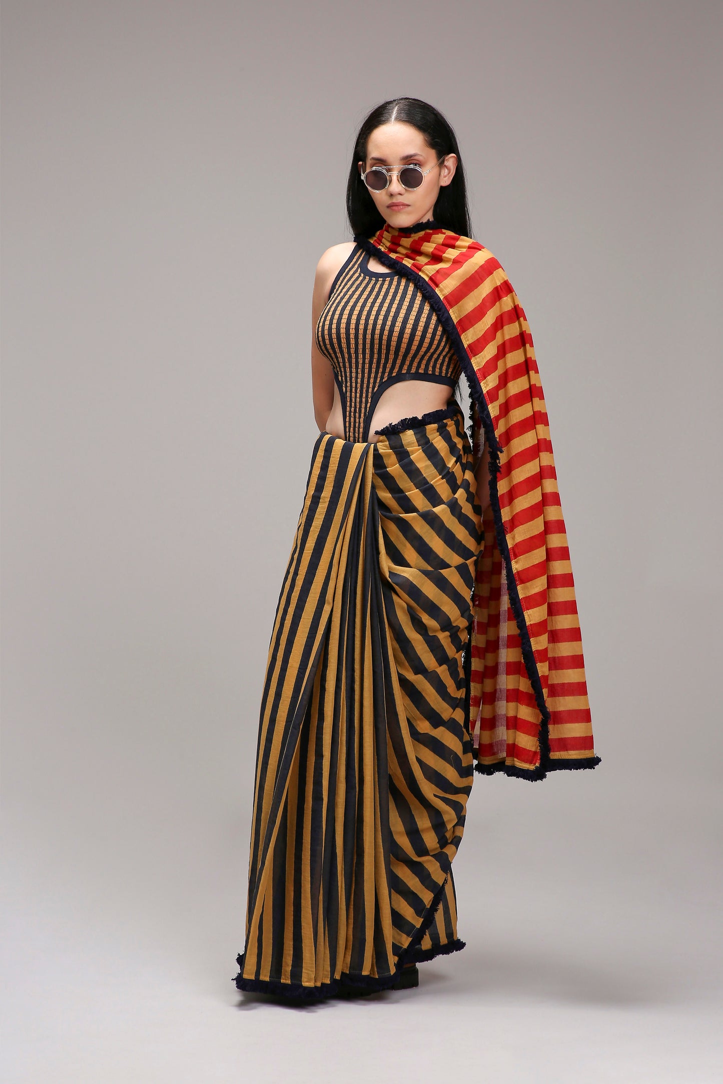 Tan-Brown Bodysuit & Dual Striped Saree Set (2 PCS)
