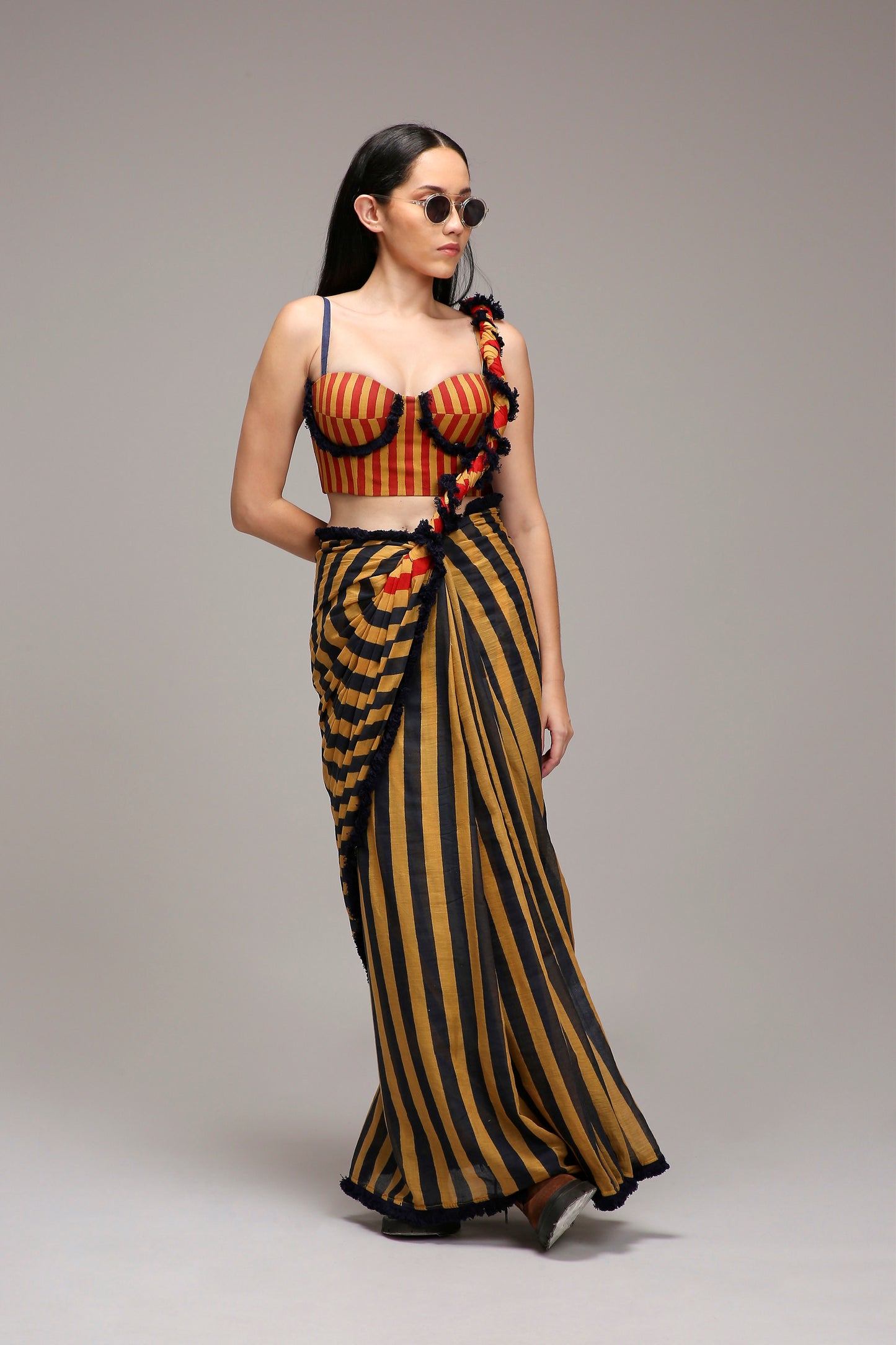 Tan-Brown Blue Red Dual Striped Saree