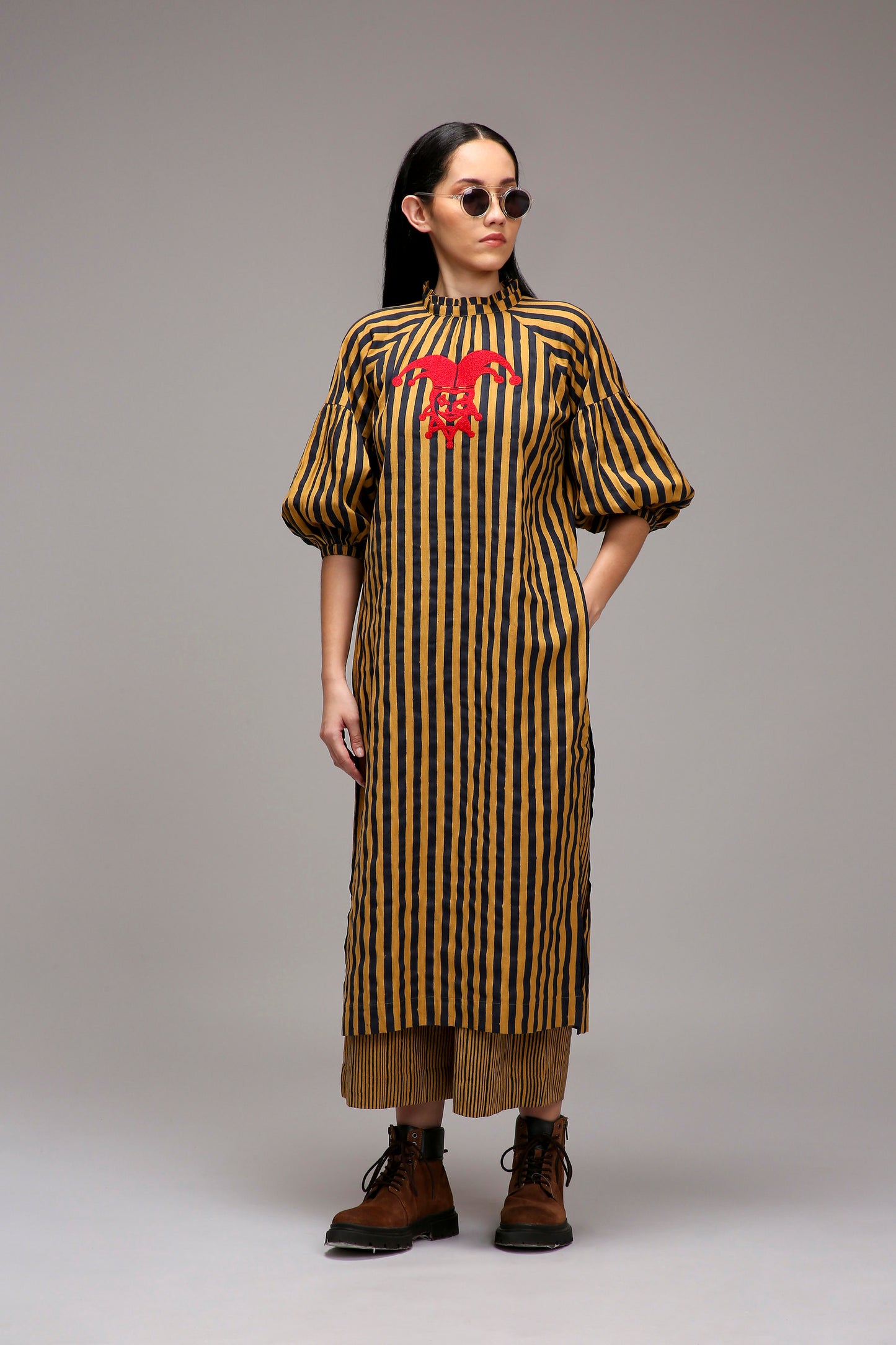 Tan-Brown Blue Striped Big Joker Tunic Set (2 PCS)