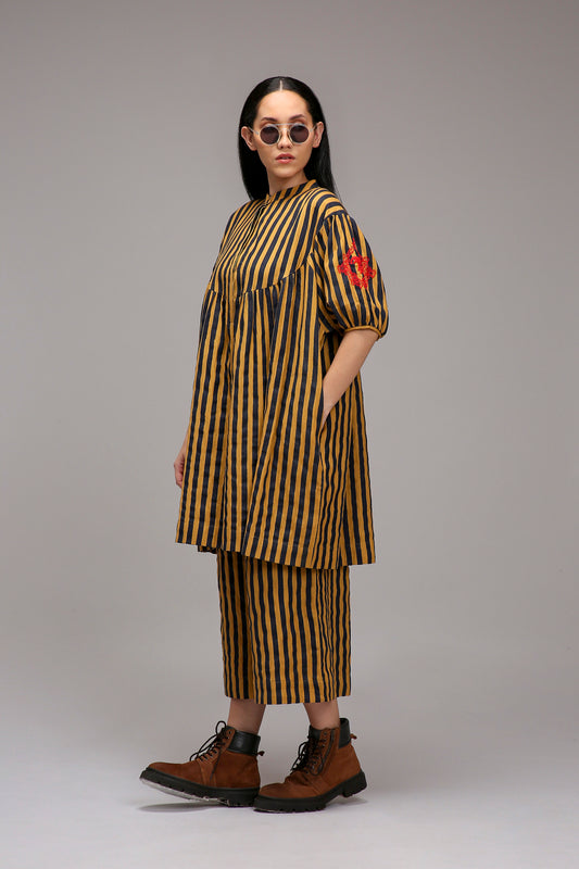 Tan-Brown Blue Striped Capre Pants