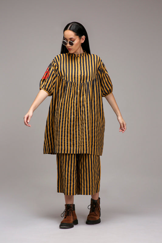 Tan-Brown Blue Striped Capre Pants