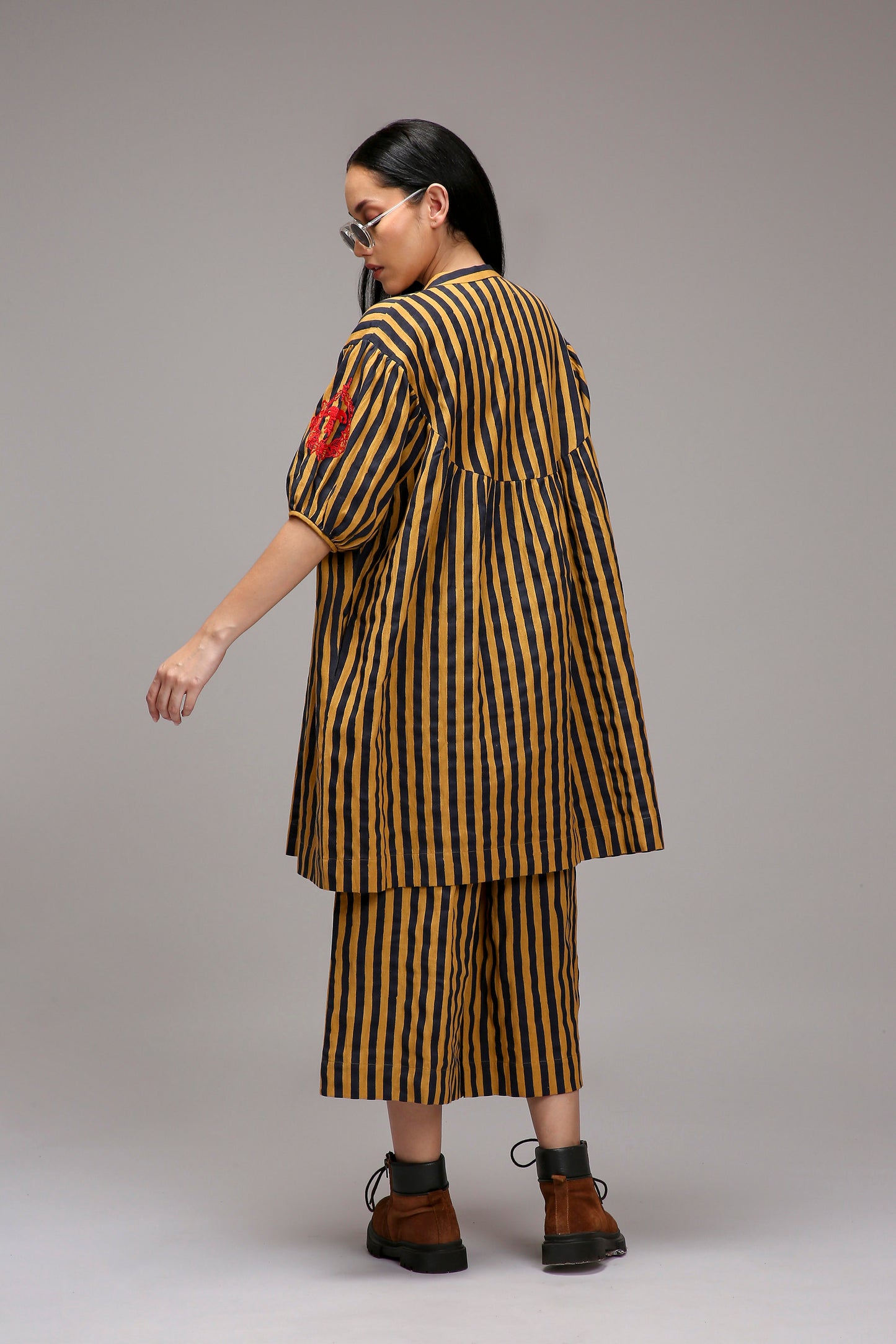 Tan-Brown Blue Striped Capre Pants