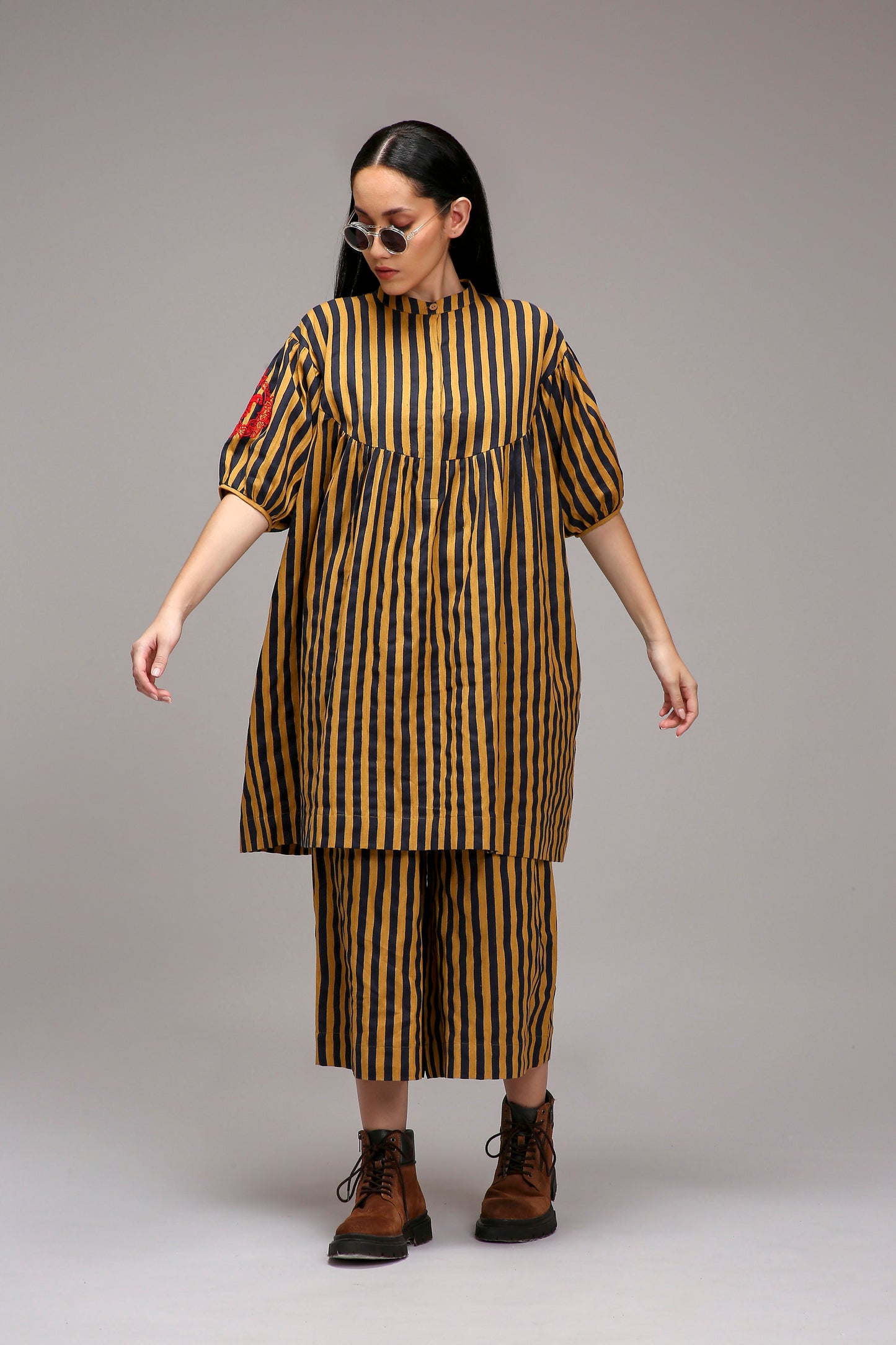 Tan-Brown Blue Striped Short Acra Tunic Set (2 PCS)