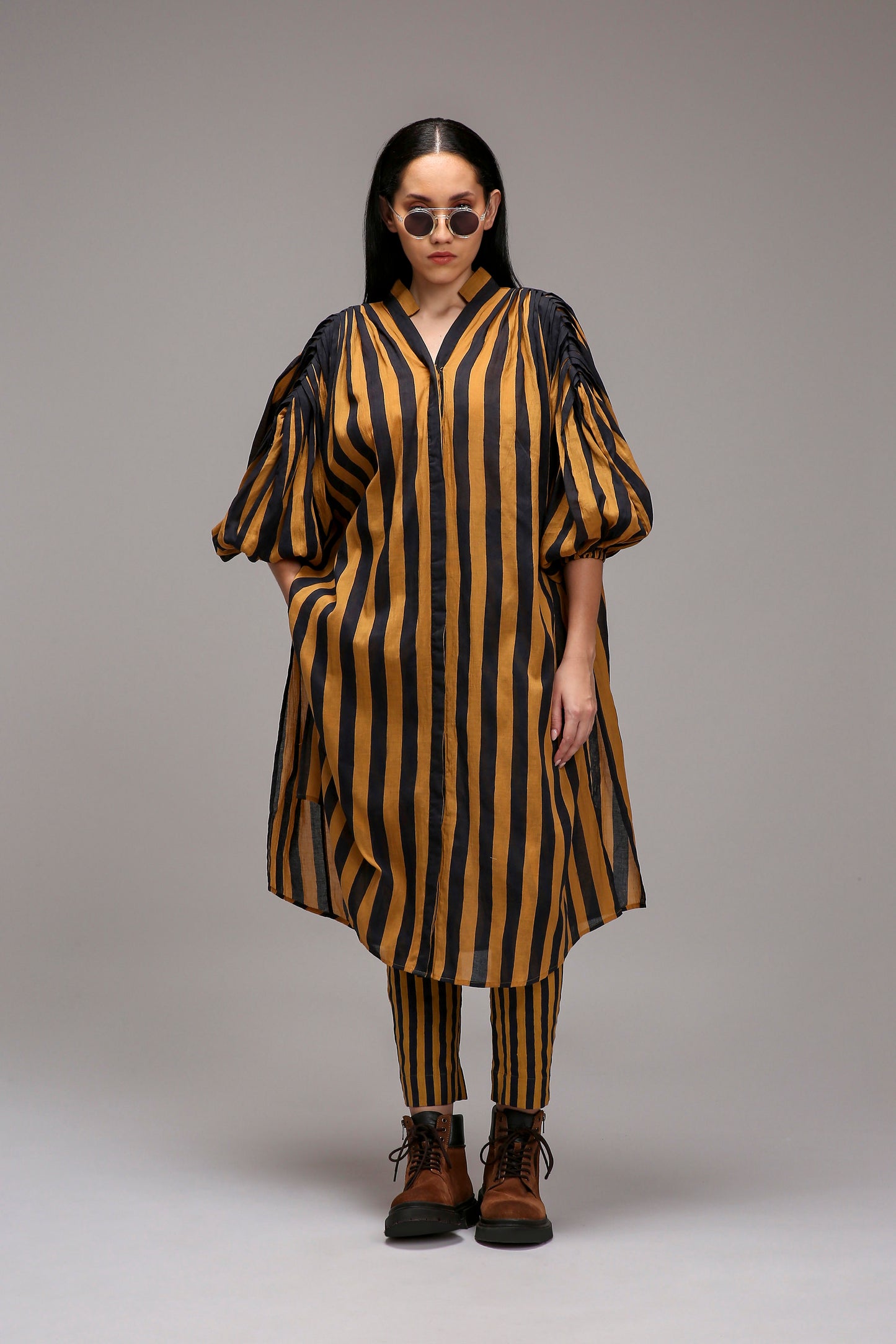 Tan-Brown Blue Striped Baha Tunic Set (2 PCS)