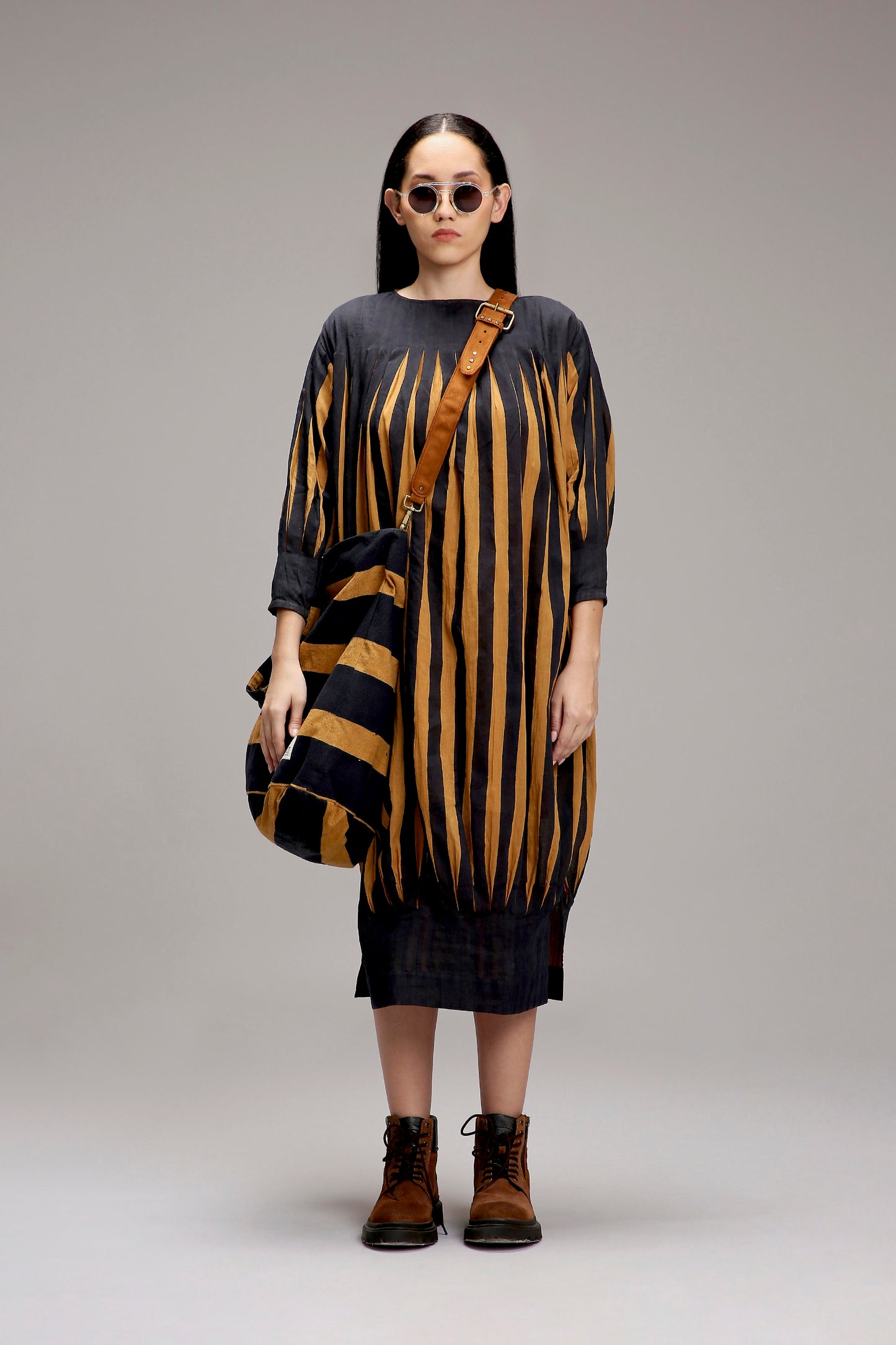 Tan-Brown Blue Striped Balloon Dress