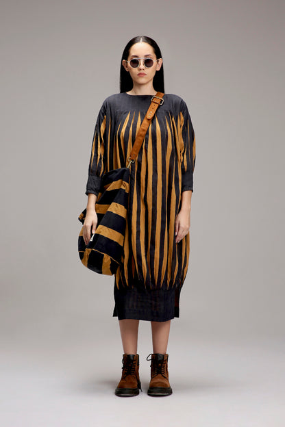 Tan-Brown Blue Striped Balloon Dress