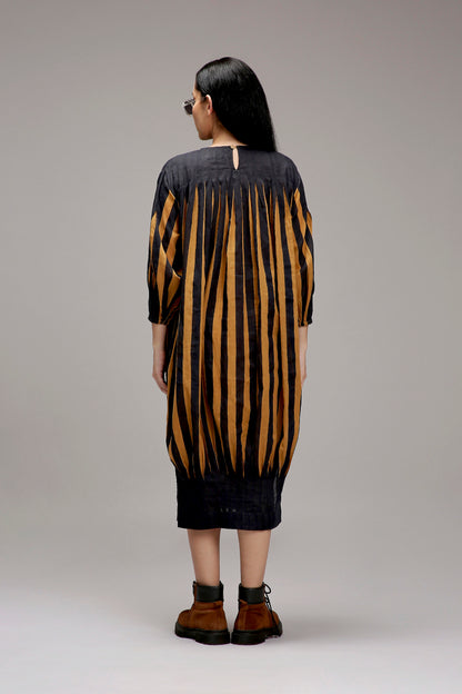 Tan-Brown Blue Striped Balloon Dress