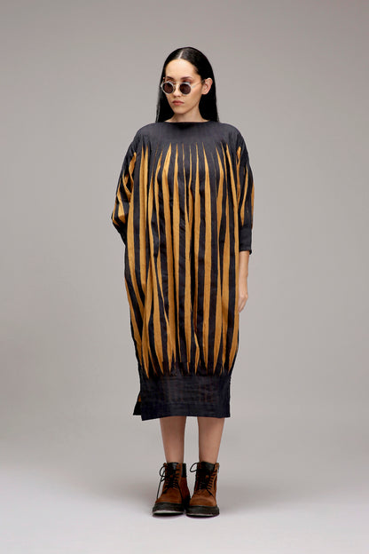 Tan-Brown Blue Striped Balloon Dress