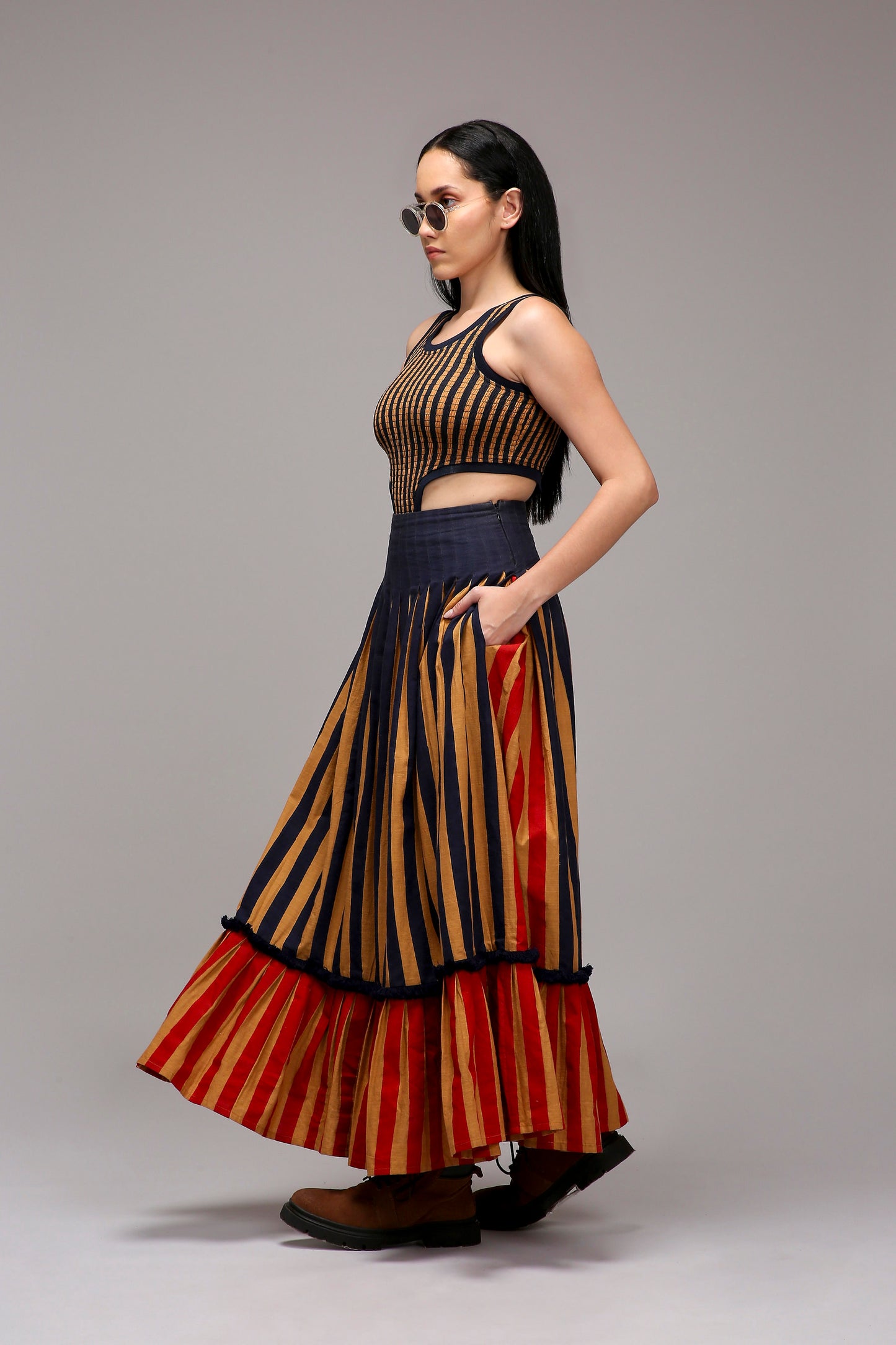Tan-Brown Bodysuit Dual Striped Skirt Set (2 PCS)