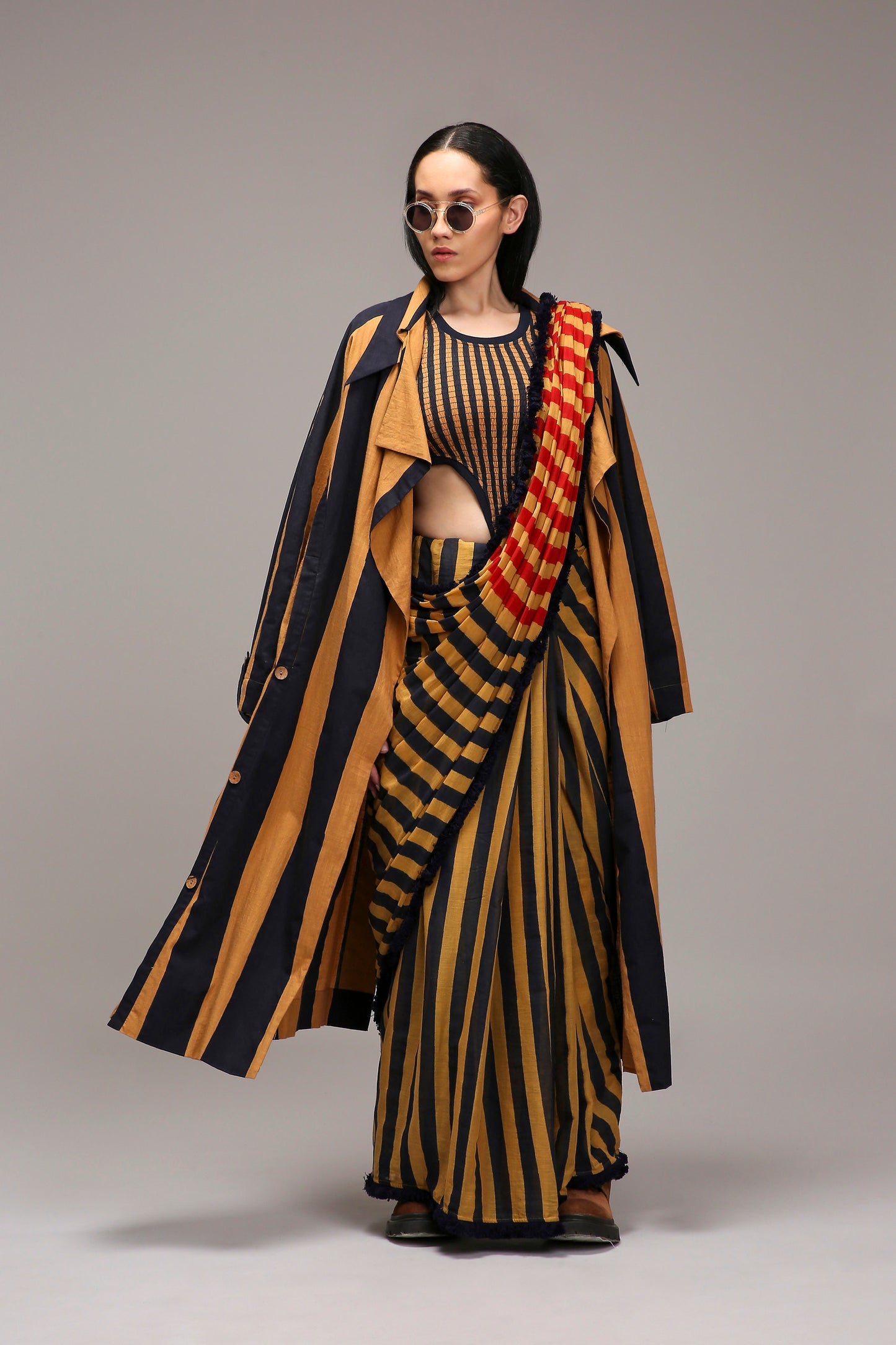 Tan-Brown Corset with Trench Jacket & Dual Striped Saree Set (3 PCS)